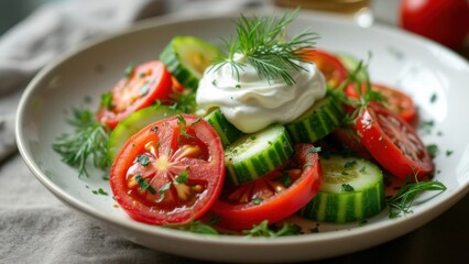 Fresh cucumber and tomato salad, light salad with sour cream dressing