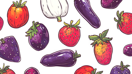 A colorful pattern featuring various fruits and vegetables, ideal for design or culinary themes.