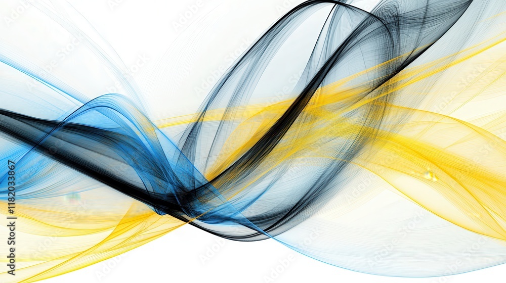 Poster dynamic abstract flow of black yellow and blue structures on white canvas