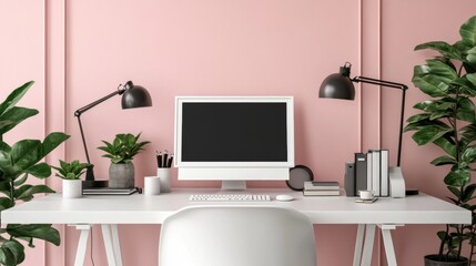 Modern Workspace with Computer and Green Plants on Pink Wall