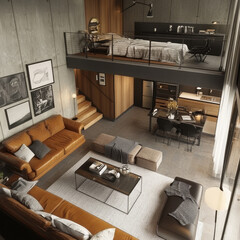 Modern loft apartment interior with stylish furniture and decor