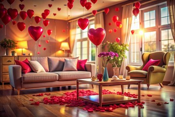 Romantic Valentine's Day Living Room Decor: Tilt-Shift Sofa & Balloons