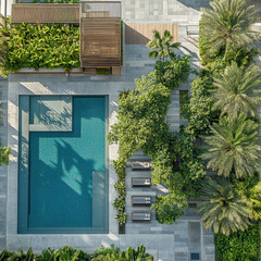 Luxurious condo complex featuring serene swimming pool surrounded by lush greenery and modern lounge chairs