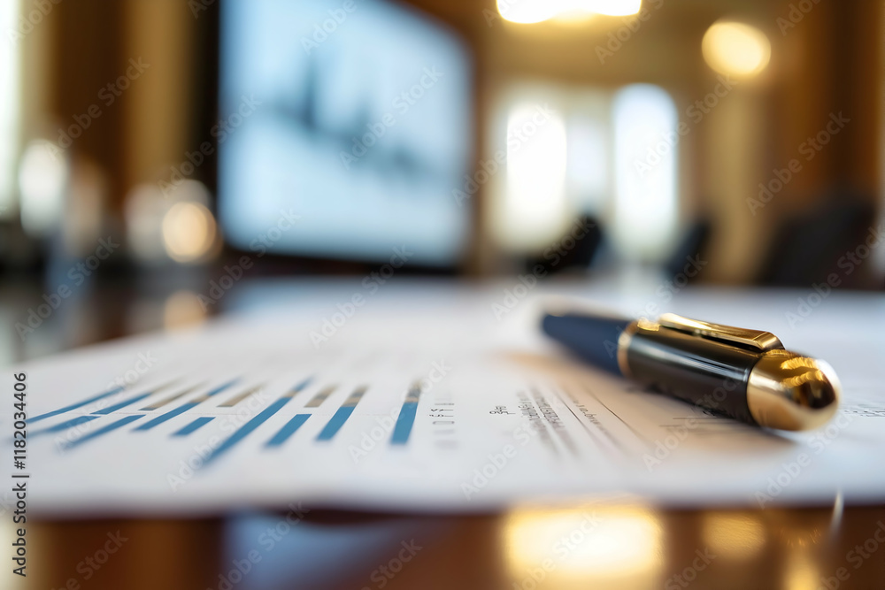 Poster a close-up view of a pen resting on financial documents, with blurred graphs displayed on a screen i
