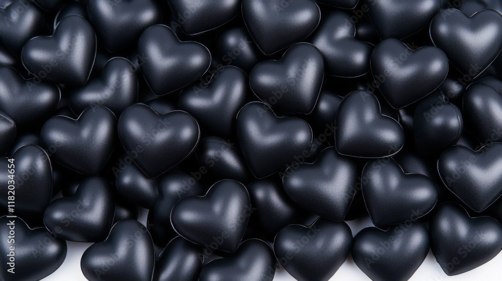 Poster 3d render a close-up of numerous black heart-shaped candies arranged closely together, creating a vi