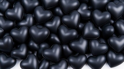 3d render A close-up of numerous black heart-shaped candies arranged closely together, creating a visually striking and playful pattern.