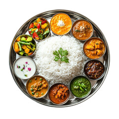 A traditional Indian Thali platter featuring a variety of curries rice vegetables and chutn
