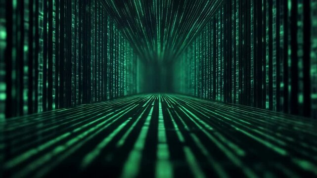 A mesmerizing digital environment features an endless corridor filled with cascading green binary code. This captivating visualization evokes a sense of depth and technology.