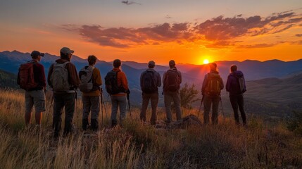 Hikers gather together on a grassy ridge, captivated by the breathtaking sunset as vibrant colors fill the sky, celebrating the beauty of the great outdoors after a day of exploration