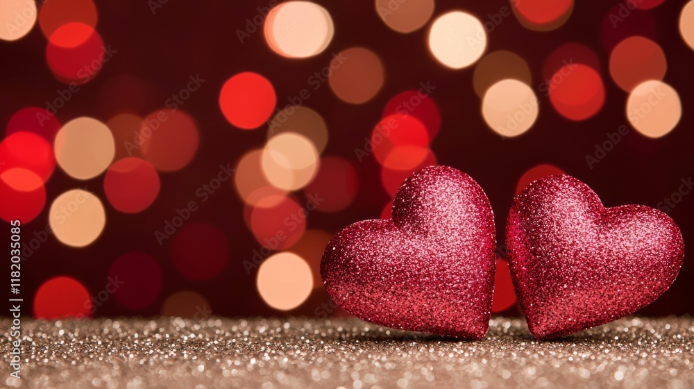 Poster two sparkling red hearts sit on a shimmering surface, surrounded by a warm backdrop of colorful boke