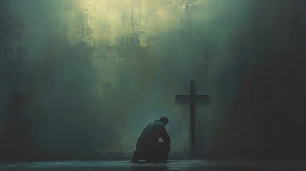A man is praying on his knees in front of a cross, dark foreboding colors.