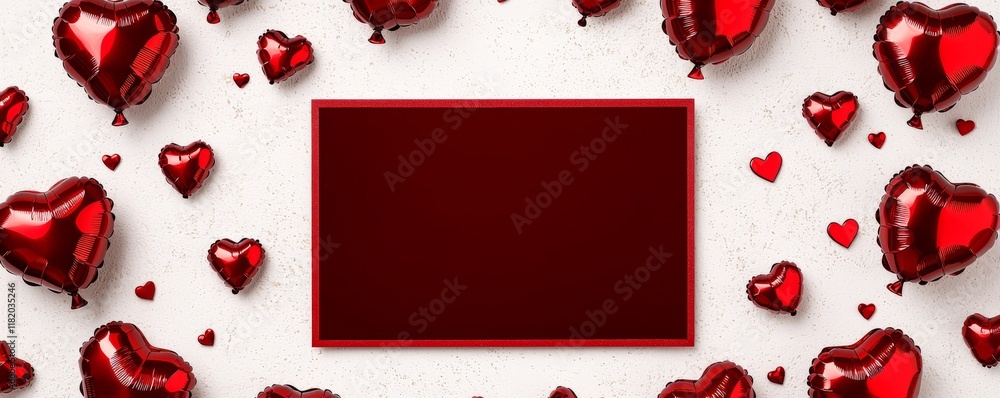 Poster 3d render a festive arrangement of red heart-shaped balloons surrounding a blank rectangular space, 