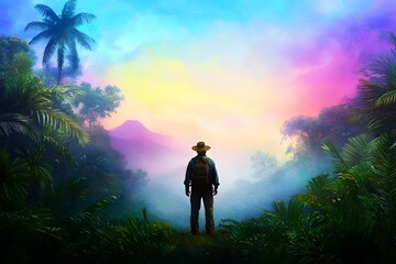 Fototapeta premium Lone Explorer Silhouetted in Dramatic Tropical Jungle Landscape