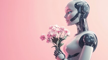 beautiful female robot holding flowers on pink background, with copy space