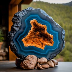 Fototapeta premium Captivating agate slice showcasing soothing blue and charcoal hues accentuated by lustrous golden marbling and intricate