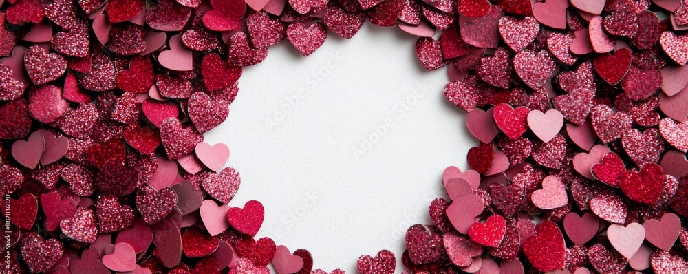 Poster 3d render a vibrant arrangement of red and pink hearts forms a decorative frame with a blank center,