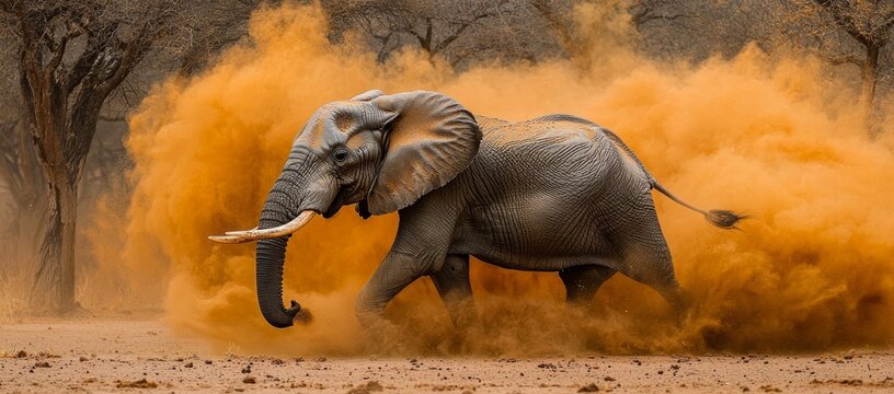 Majestic elephant running through a cloud of dust in African savanna.