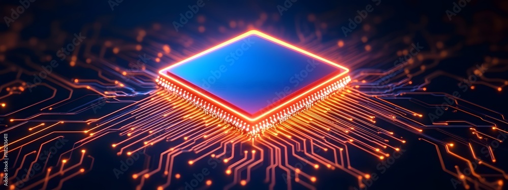 Poster futuristic neon blue quantum computer rendered with symmetrical pcb circuits