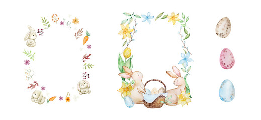 Set of Happy Easter watercolor cards with cute Easter rabbits, egg, spring flowers in pastel colors