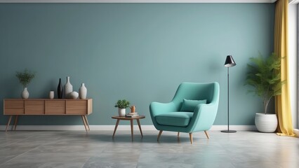 modern mid century and minimalist interior of living room, Turquoise armchair