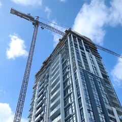 Modern high-rise building under construction with cranes against a bright blue sky.