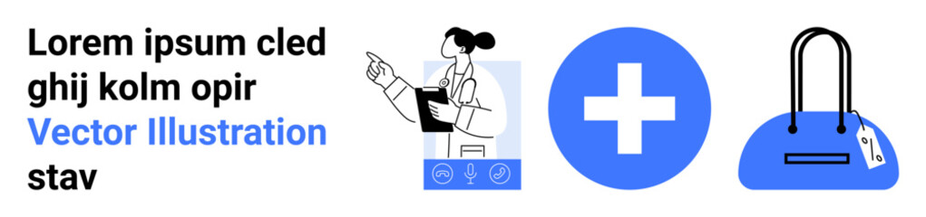 Healthcare professional pointing at information, large medical cross, and handbag with a tag. Ideal for healthcare, medical advice, fashion, online stores, e-commerce, presentations web design