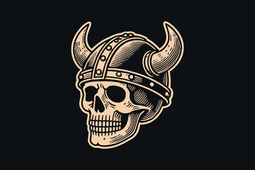 Skull in a Viking horned helmet. Vintage engraving vector illustration, hand drawn sketch. Tattoo, print, woodcut	