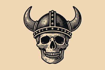 Skull in a Viking horned helmet. Vintage engraving vector illustration, hand drawn sketch. Tattoo, print, woodcut	