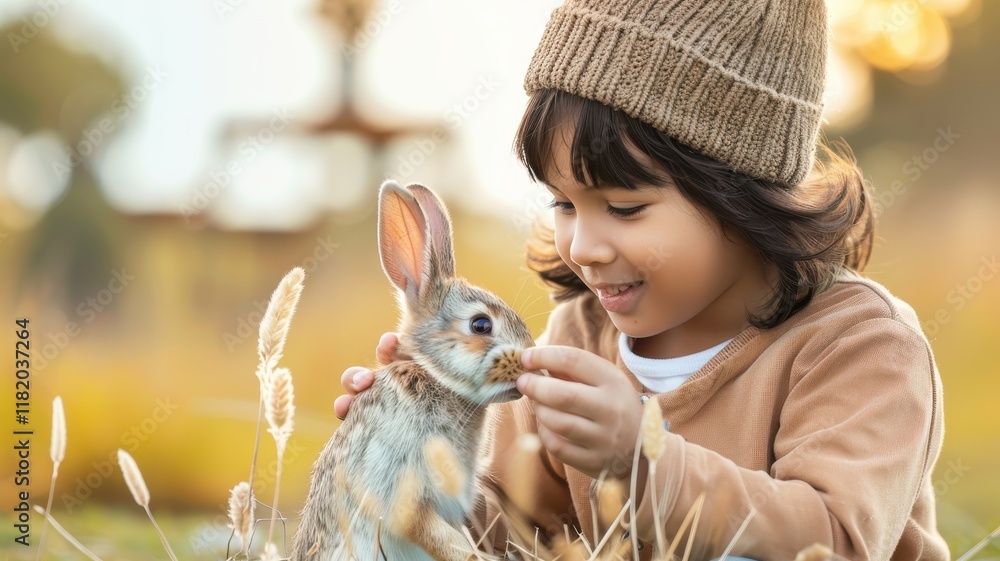 Poster a joyful child interacts with a rabbit in a sunlit field, showcasing a moment of connection between 