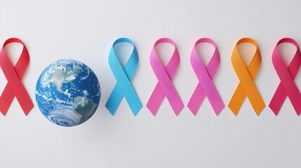 A globe is surrounded by colorful awareness ribbons, symbolizing global health and support for various causes.