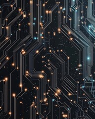 Abstract circuit board design with luminous elements and dark background.
