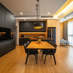 Fototapeta premium Modern kitchen with multifunctional spaces, sleek design, and warm lighting