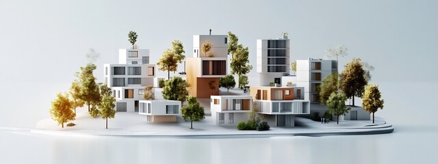 A 3D rendered digital depicting a conceptual architectural cityscape with a collection of modern minimalist residential buildings in a geometric grid like arrangement