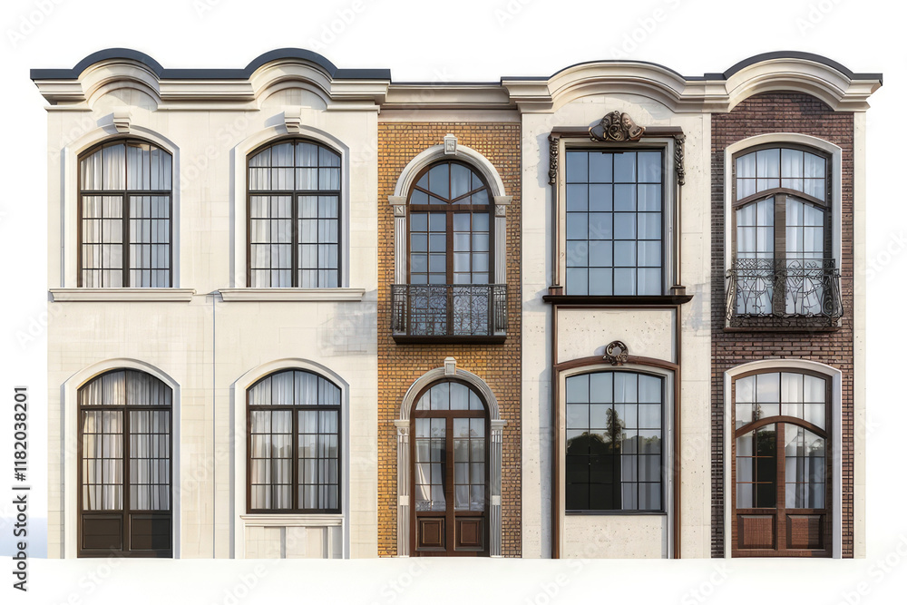 Poster a facade showcasing diverse architectural styles with large windows and decorative elements. isolate