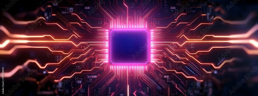Aufkleber futuristic quantum computer chip with glowing neon circuit patterns on motherboard