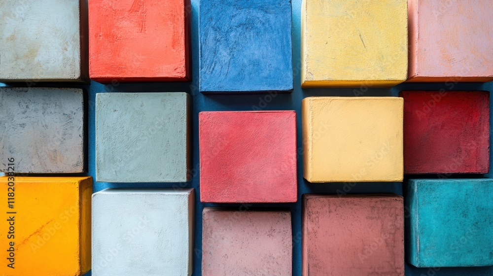Poster dynamic abstract color blocks studio digital artwork bright environment top-down view modern aesthet