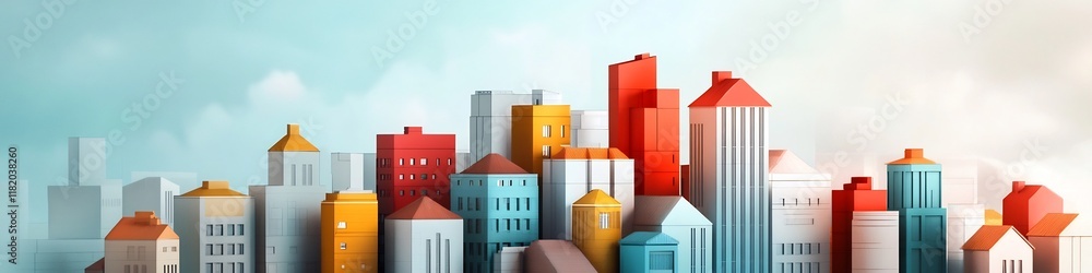 Poster a colorful and highly stylized depicting an idealized futuristic cityscape with a variety of modern 