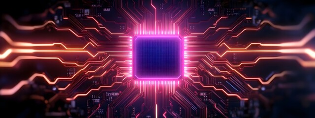 Futuristic Quantum Computer Chip with Glowing Neon Circuit Patterns on Motherboard
