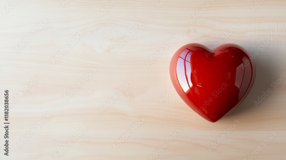 Poster Glossy red heart shape is lying on a light wooden table, creating a romantic and minimalist image ideal for valentine's day, women's day or spring celebrations