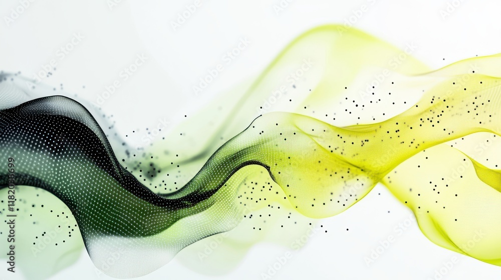 Poster dynamic abstract waves in bold yellow and green with black network minimalist design high detail mod