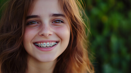 Fototapeta premium Smiling young woman wearing orthodontic braces, enjoying sunny day with greenery blurred in background