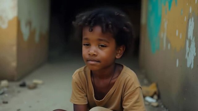 Black boy wearing a tattered shirt, sitting in a slum environment highlighted poor living conditions