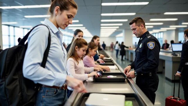 Travelers at a modern airport security checkpoint place belongings in trays on a conveyor belt under bright, polished surroundings.