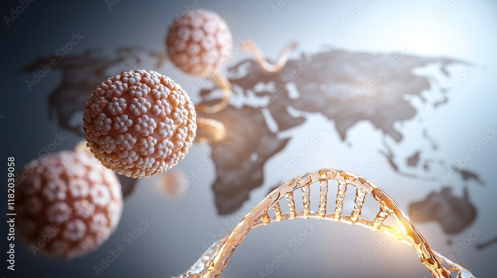 Poster a digital representation of dna intertwined with virus particles, set against a world map backdrop, 