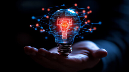 A hand holds a glowing light bulb with digital circuits, symbolizing innovation and technology.