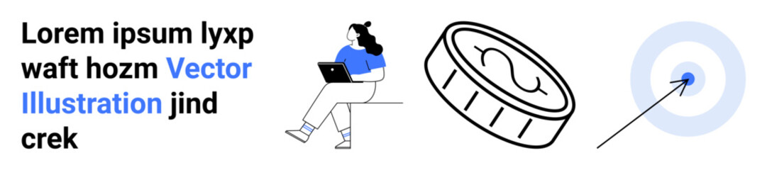 Young woman seated with tablet, large coin, and target with arrow. Ideal for goal setting, financial success, motivation, productivity, focus, strategy, efficiency. Landing page