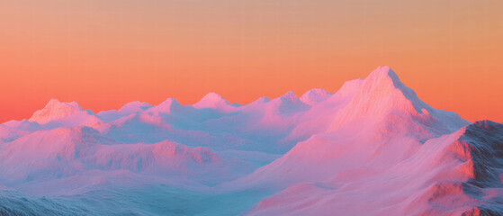 Snow covered mountains illuminated by sunset hues in the evening sky