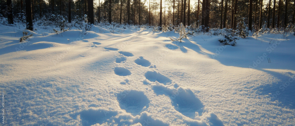 Poster exploring the serene snowy forest with mysterious animal tracks at dawn