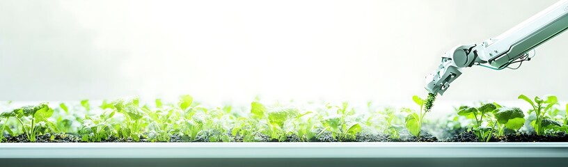 Obraz premium Robotic Arm Cultivating Young Plants in a Controlled Environment