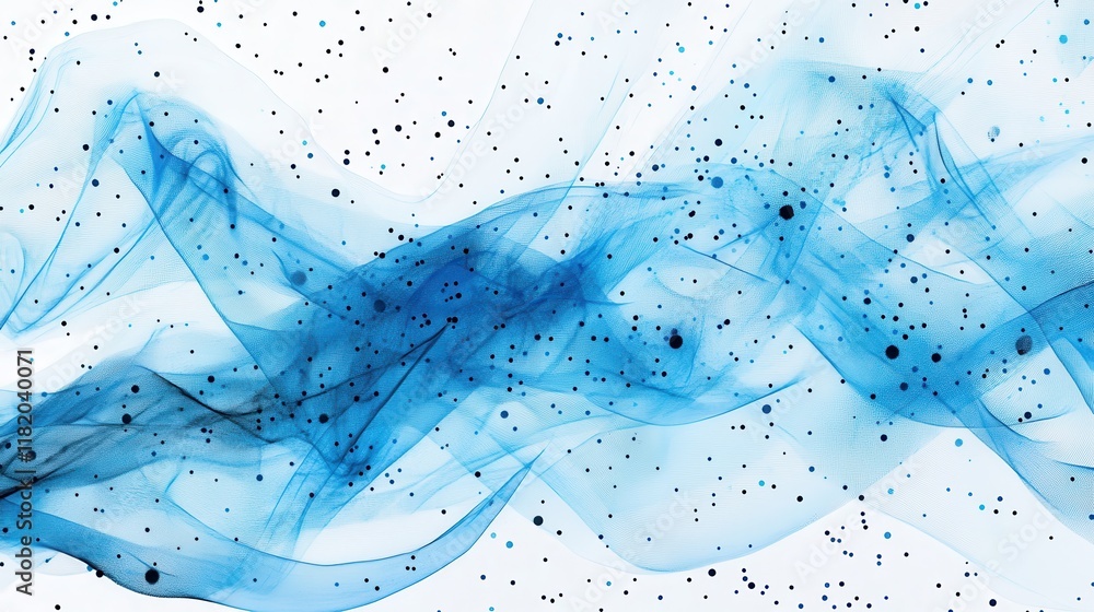 Poster abstract art composition featuring blue and turquoise shapes with intricate lines and dots on white 